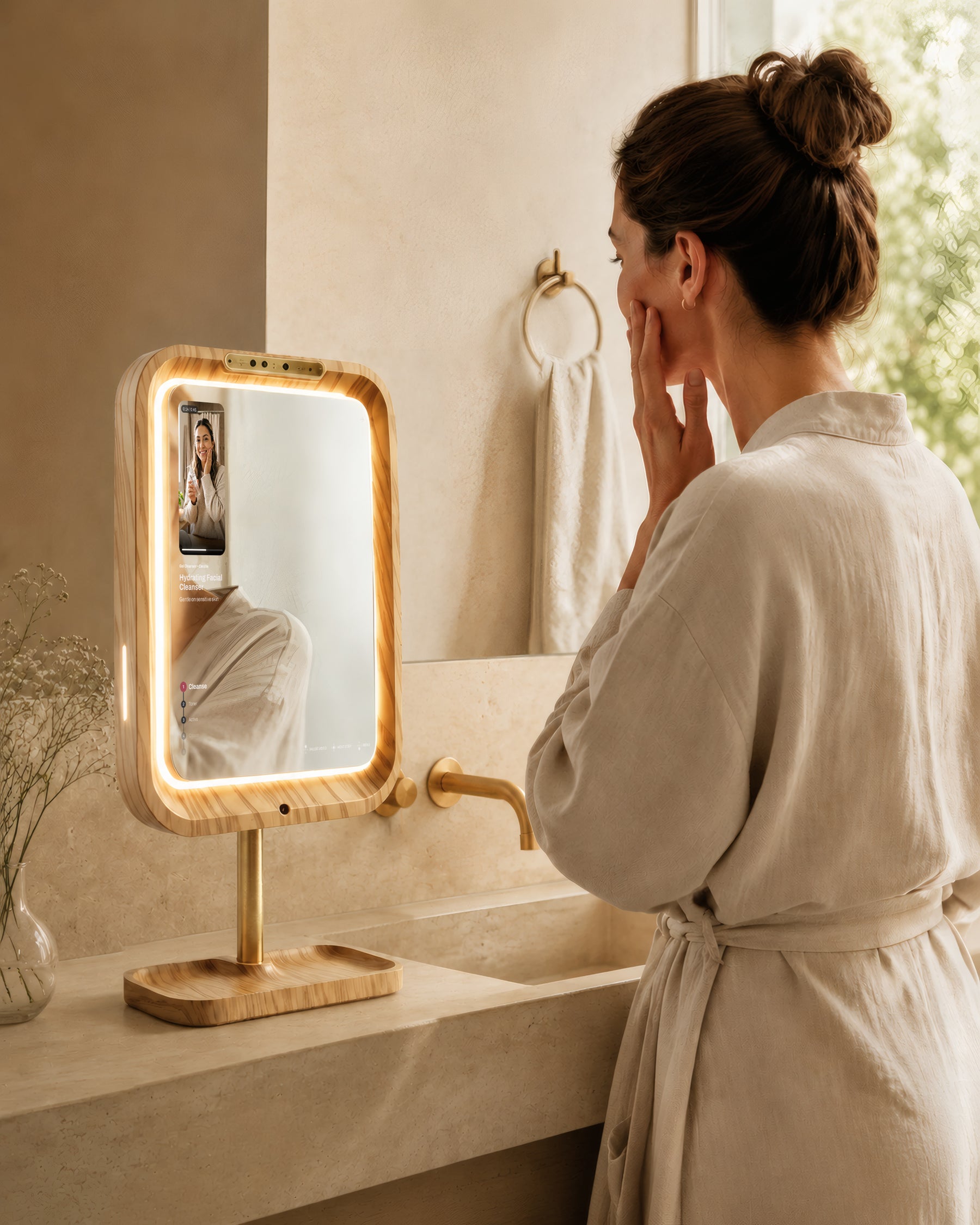 Woman checking her skin in a mirror